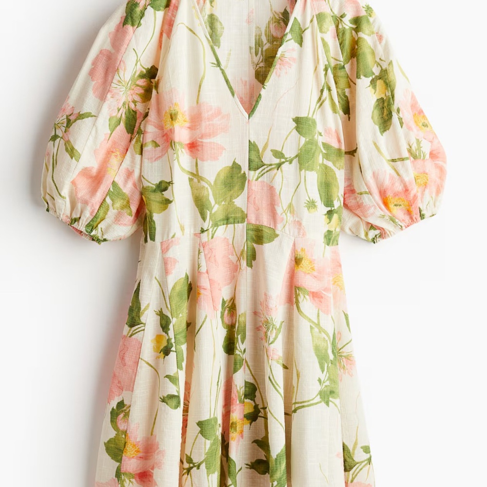 H&M Floral Dress XS Flared Romantic Dress Balloon Sleeve Cream Green Light Pink
